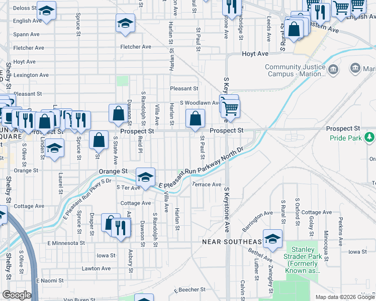 map of restaurants, bars, coffee shops, grocery stores, and more near 1131 Churchman Avenue in Indianapolis
