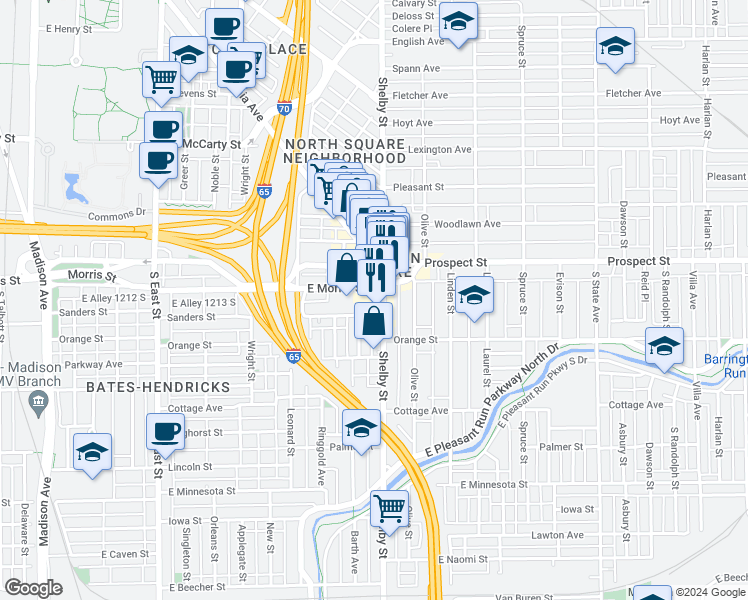 map of restaurants, bars, coffee shops, grocery stores, and more near 1028E East Morris Street in Indianapolis