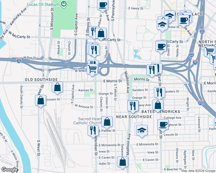 map of restaurants, bars, coffee shops, grocery stores, and more near 59 East Morris Street in Indianapolis