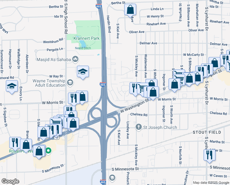 map of restaurants, bars, coffee shops, grocery stores, and more near 1022 Hardin Boulevard in Indianapolis
