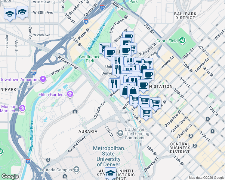 map of restaurants, bars, coffee shops, grocery stores, and more near 1422 Delgany Street in Denver