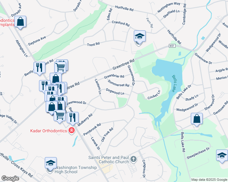 map of restaurants, bars, coffee shops, grocery stores, and more near 30 Dogwood Lane in Washington Township