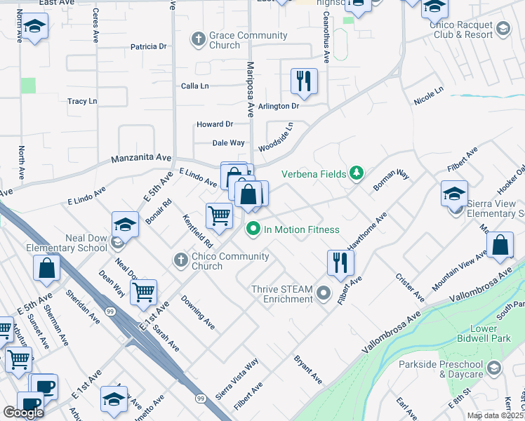 map of restaurants, bars, coffee shops, grocery stores, and more near 178 Terrace Drive in Chico