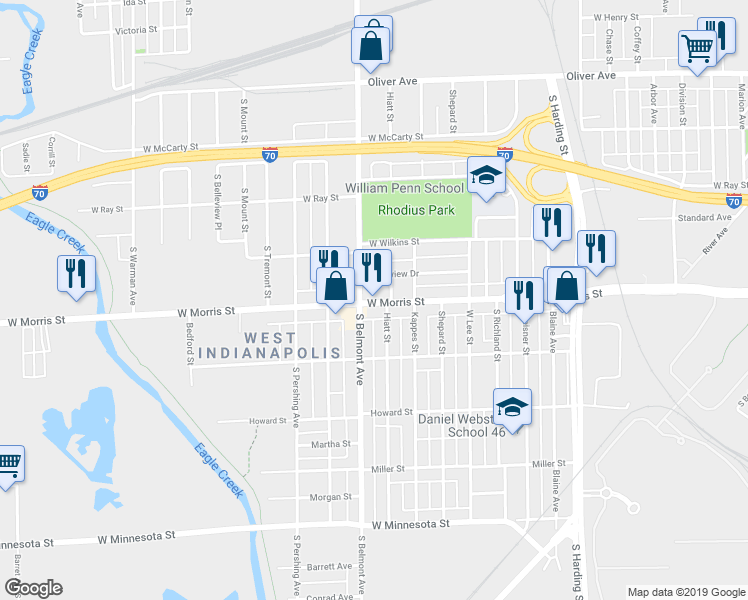 map of restaurants, bars, coffee shops, grocery stores, and more near 2020 W Morris St in Indianapolis