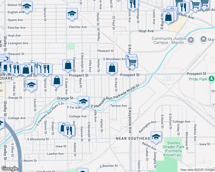 map of restaurants, bars, coffee shops, grocery stores, and more near 1131 Churchman Avenue in Indianapolis