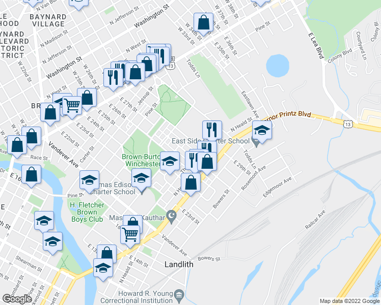 map of restaurants, bars, coffee shops, grocery stores, and more near 923 East 27th Street in Wilmington