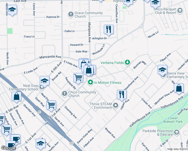 map of restaurants, bars, coffee shops, grocery stores, and more near 178 Terrace Drive in Chico