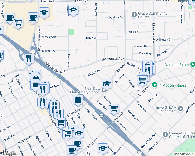 map of restaurants, bars, coffee shops, grocery stores, and more near 1172 East Lindo Avenue in Chico