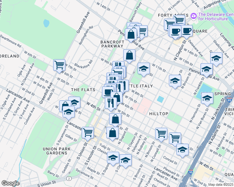 map of restaurants, bars, coffee shops, grocery stores, and more near 1912 West 7th Street in Wilmington