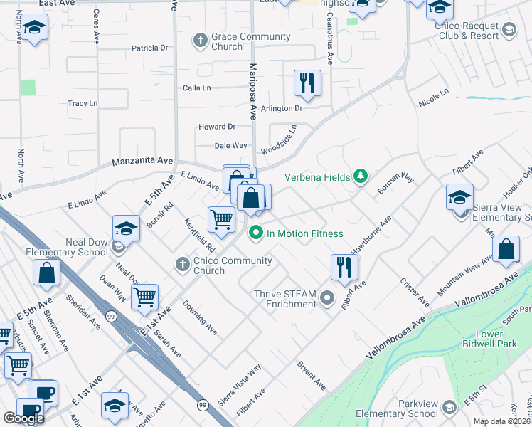 map of restaurants, bars, coffee shops, grocery stores, and more near 178 Terrace Drive in Chico