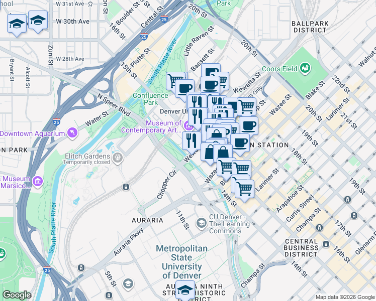 map of restaurants, bars, coffee shops, grocery stores, and more near 1401 Wewatta Street in Denver