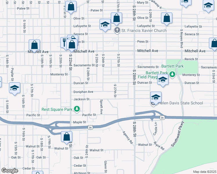 map of restaurants, bars, coffee shops, grocery stores, and more near 2610 Duncan Street in Saint Joseph