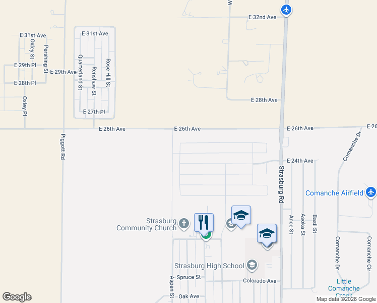 map of restaurants, bars, coffee shops, grocery stores, and more near 56183 East 24th Place in Strasburg