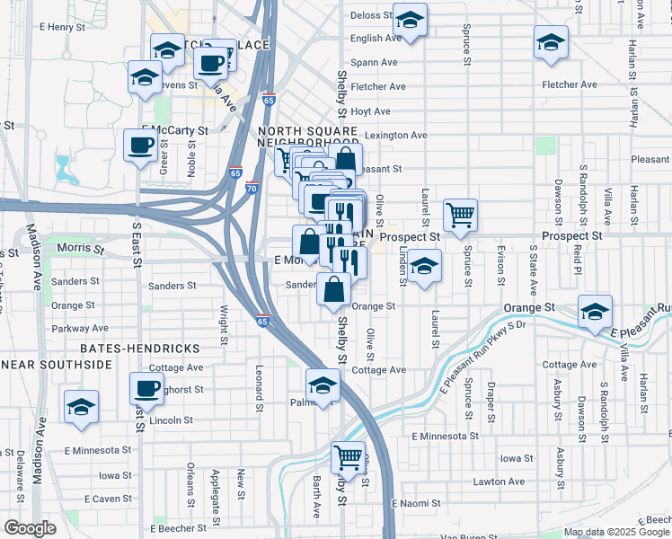 map of restaurants, bars, coffee shops, grocery stores, and more near 1140 Shelby Street in Indianapolis