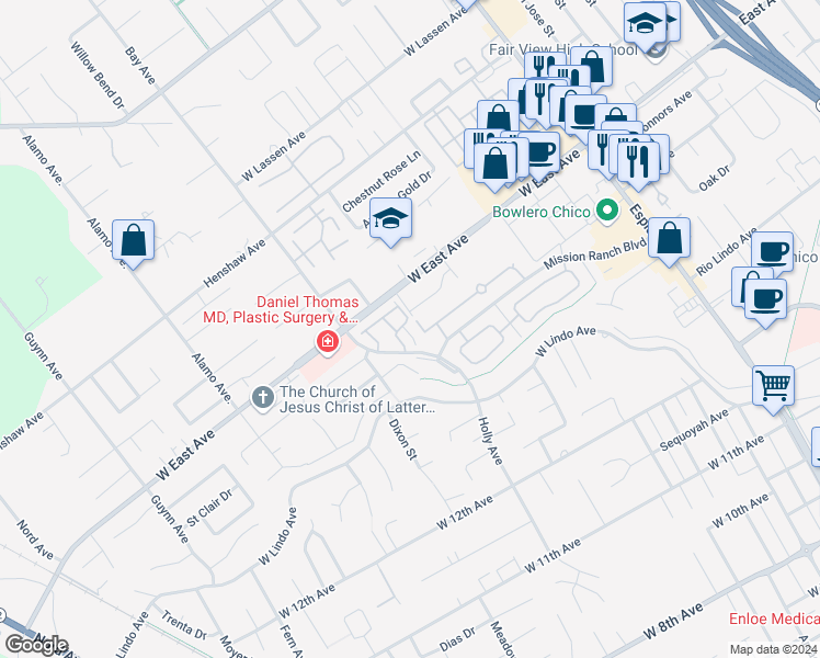map of restaurants, bars, coffee shops, grocery stores, and more near 2 Pebblewood Pines Drive in Chico