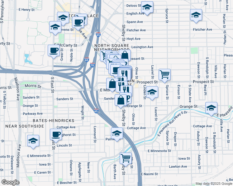 map of restaurants, bars, coffee shops, grocery stores, and more near 1028E East Morris Street in Indianapolis