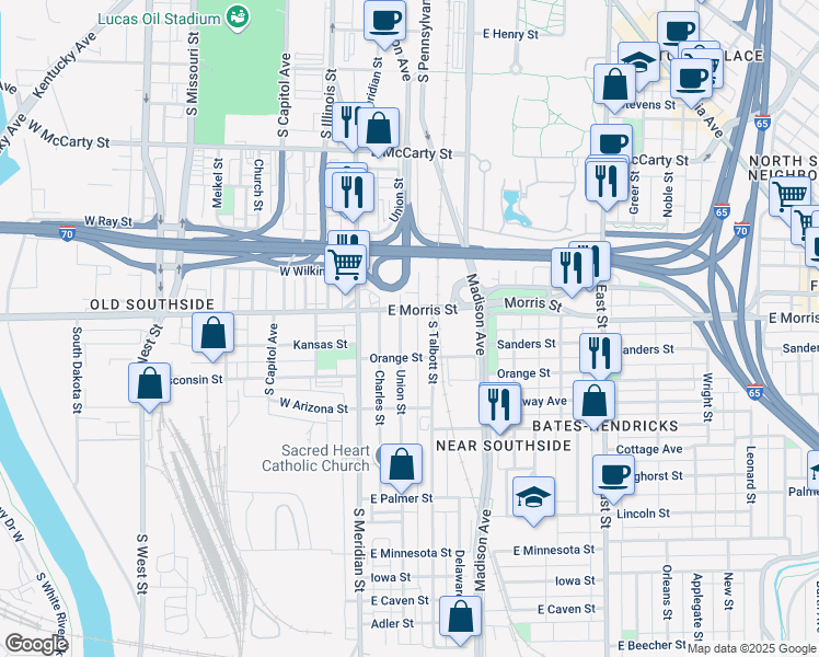 map of restaurants, bars, coffee shops, grocery stores, and more near 1221 Union Street in Indianapolis