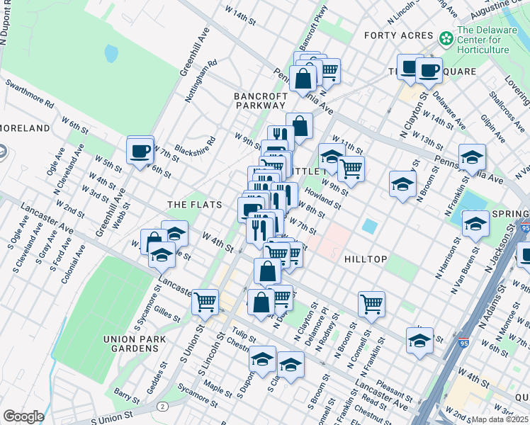map of restaurants, bars, coffee shops, grocery stores, and more near 701 Delaware 2 in Wilmington