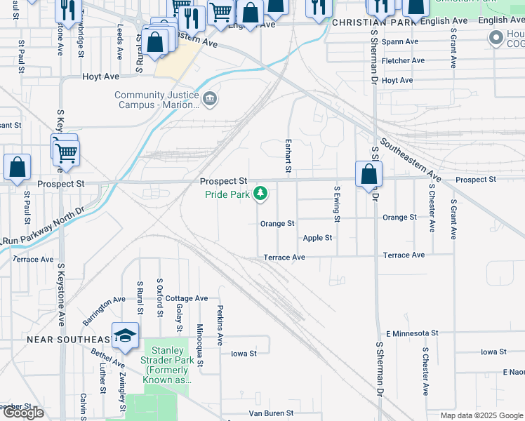 map of restaurants, bars, coffee shops, grocery stores, and more near 1159 Vandeman Street in Indianapolis
