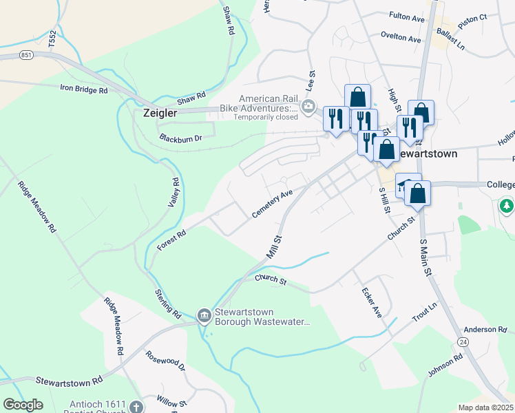 map of restaurants, bars, coffee shops, grocery stores, and more near 81 Cemetery Avenue in Stewartstown