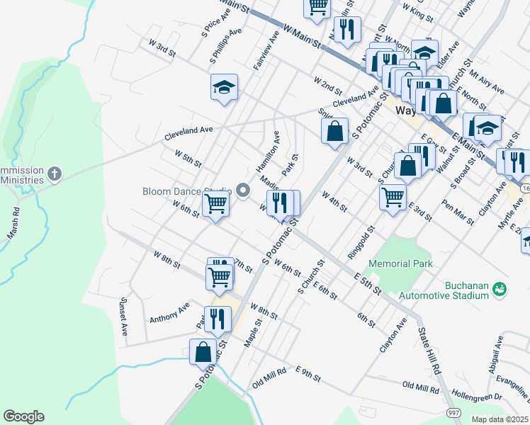 map of restaurants, bars, coffee shops, grocery stores, and more near 132 West 5th Street in Waynesboro