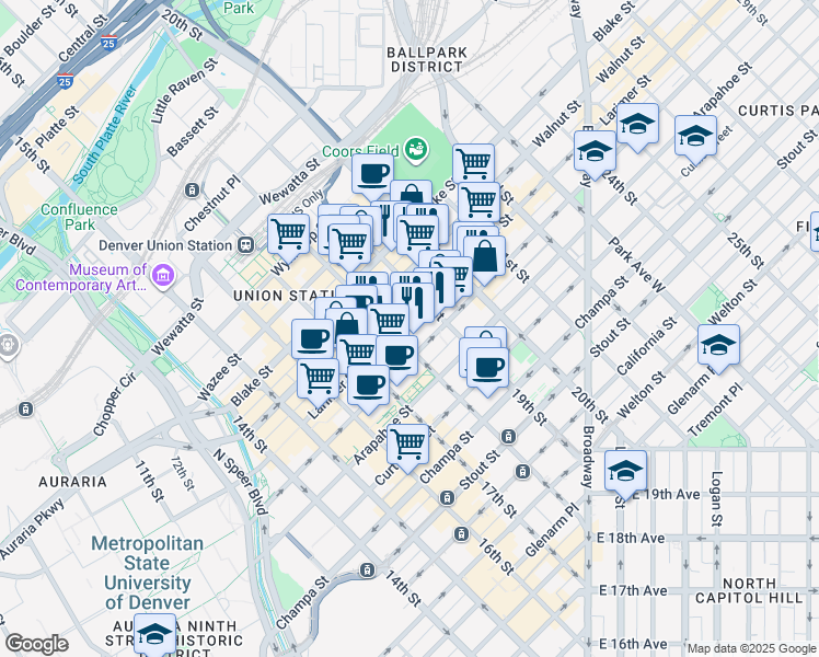 map of restaurants, bars, coffee shops, grocery stores, and more near 1800 Larimer Street in Denver