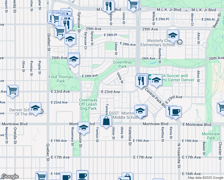 map of restaurants, bars, coffee shops, grocery stores, and more near 8048 East 24th Avenue in Denver