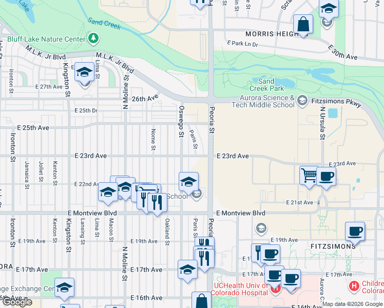 map of restaurants, bars, coffee shops, grocery stores, and more near 2317 Paris Street in Aurora