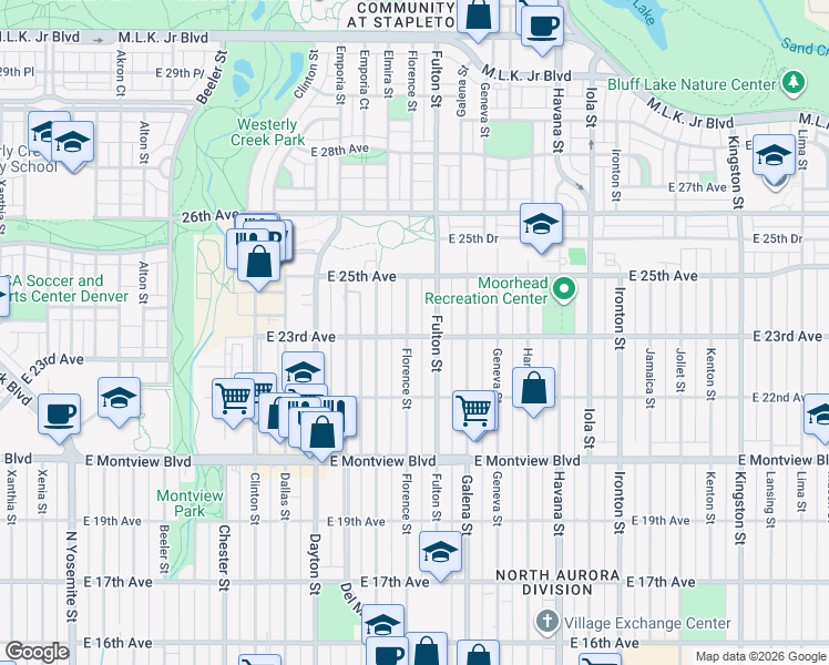 map of restaurants, bars, coffee shops, grocery stores, and more near 2323 Fulton Street in Aurora
