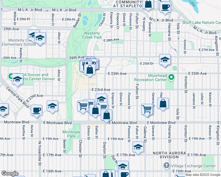 map of restaurants, bars, coffee shops, grocery stores, and more near 2306 Emporia Street in Aurora