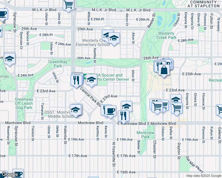 map of restaurants, bars, coffee shops, grocery stores, and more near 2374 Yosemite Street in Denver