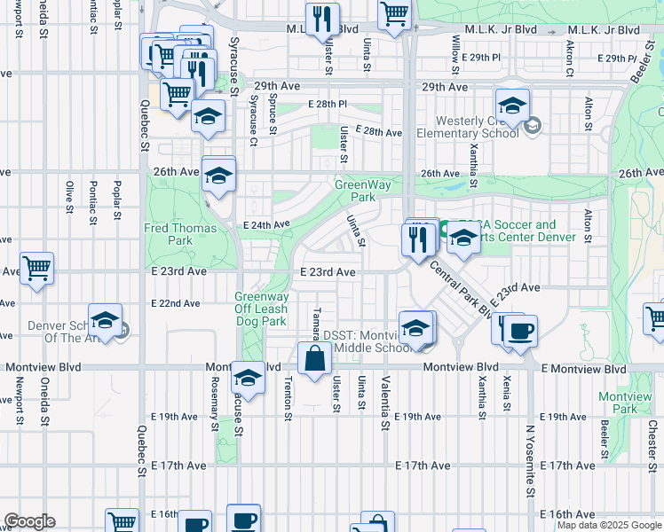 map of restaurants, bars, coffee shops, grocery stores, and more near 8048 East 24th Avenue in Denver