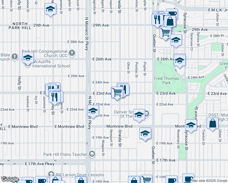 map of restaurants, bars, coffee shops, grocery stores, and more near 2323 Oneida Street in Denver