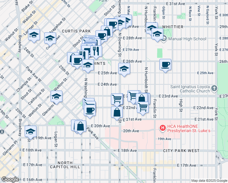 map of restaurants, bars, coffee shops, grocery stores, and more near 2342 North Ogden Street in Denver