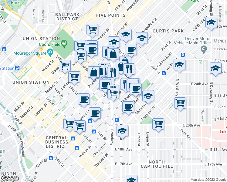 map of restaurants, bars, coffee shops, grocery stores, and more near 2135 Stout Street in Denver