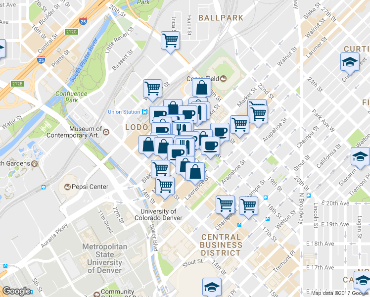 map of restaurants, bars, coffee shops, grocery stores, and more near in Denver