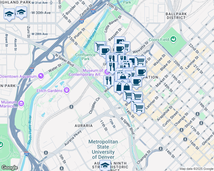 map of restaurants, bars, coffee shops, grocery stores, and more near 1422 Delgany Street in Denver