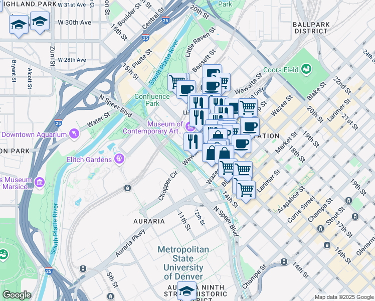 map of restaurants, bars, coffee shops, grocery stores, and more near 1422 Delgany Street in Denver