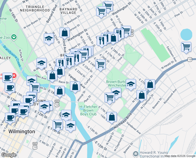 map of restaurants, bars, coffee shops, grocery stores, and more near 305 East 23rd Street in Wilmington
