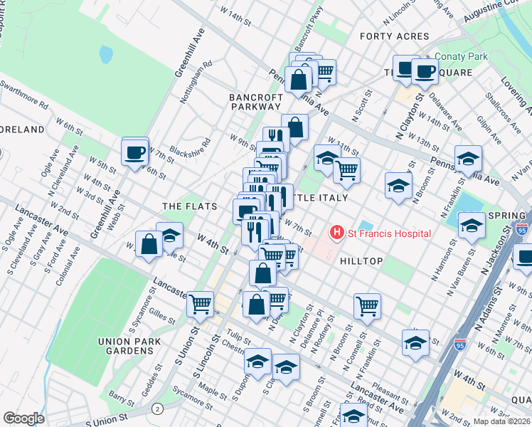 map of restaurants, bars, coffee shops, grocery stores, and more near 701 Delaware 2 in Wilmington