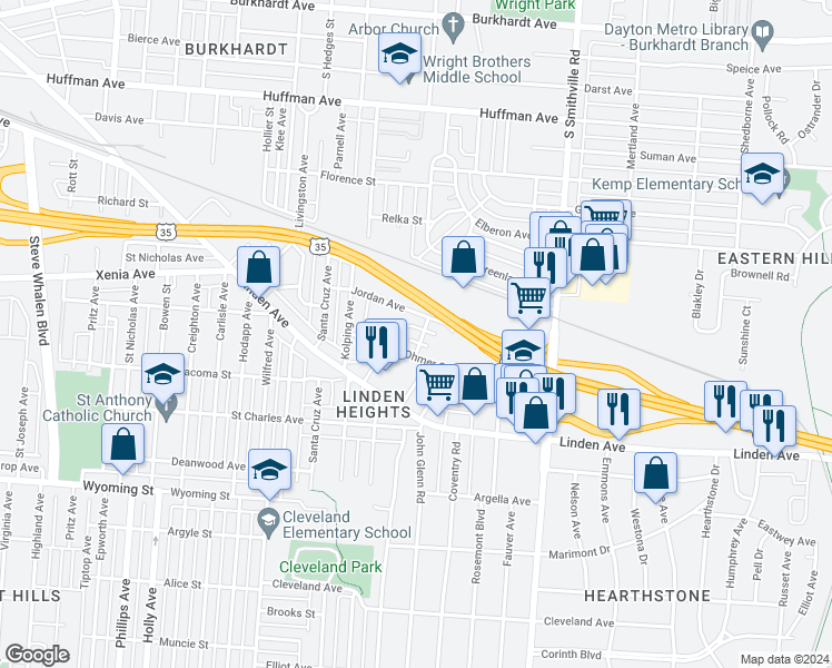 map of restaurants, bars, coffee shops, grocery stores, and more near 1400 Jordan Avenue in Dayton