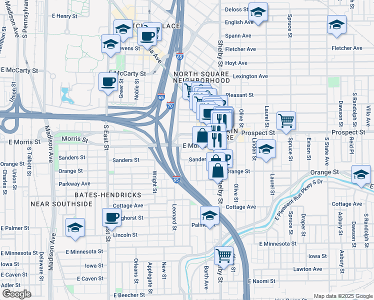 map of restaurants, bars, coffee shops, grocery stores, and more near 945 East Morris Street in Indianapolis