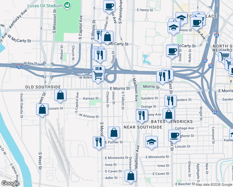 map of restaurants, bars, coffee shops, grocery stores, and more near 59 East Morris Street in Indianapolis