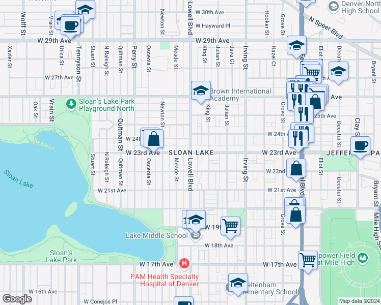 map of restaurants, bars, coffee shops, grocery stores, and more near in Denver