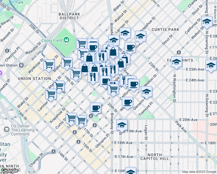 map of restaurants, bars, coffee shops, grocery stores, and more near Champa Street in Denver
