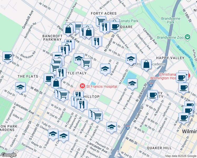 map of restaurants, bars, coffee shops, grocery stores, and more near 909 North Rodney Street in Wilmington