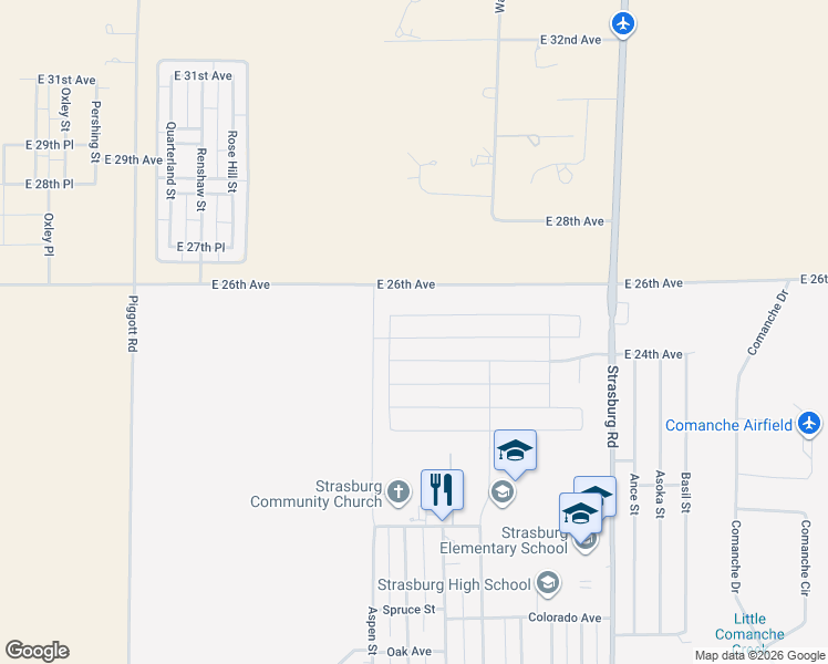 map of restaurants, bars, coffee shops, grocery stores, and more near 56394 East 24th Avenue in Strasburg