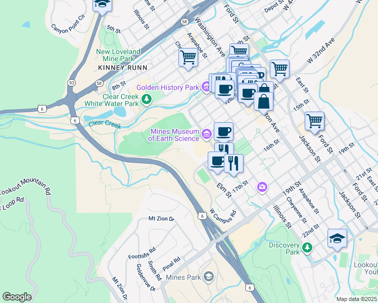 map of restaurants, bars, coffee shops, grocery stores, and more near 1318 Maple Street in Golden