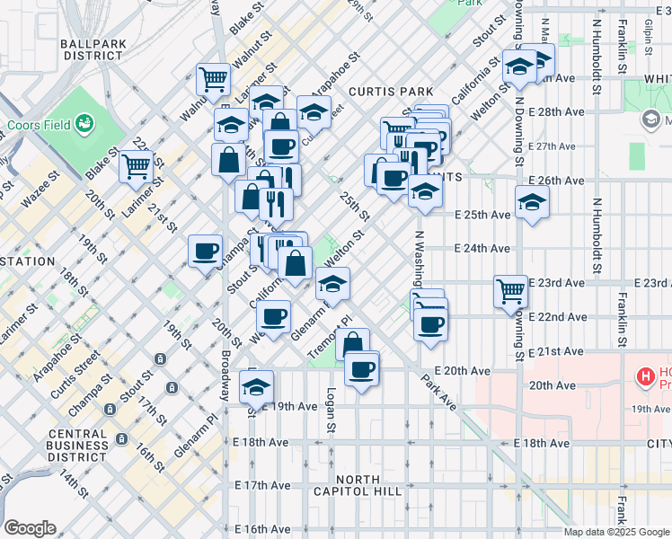 map of restaurants, bars, coffee shops, grocery stores, and more near 2300 Welton Street in Denver