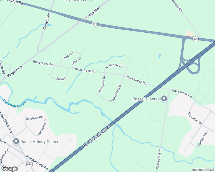 map of restaurants, bars, coffee shops, grocery stores, and more near 170 South Patricia Drive in Woolwich Township